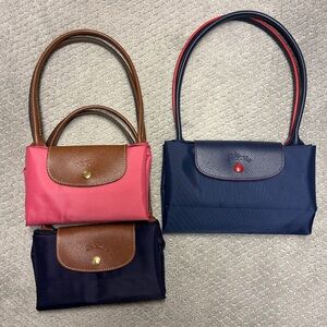 LOT 3 Longchamp VTG Nylon Tote Le Pliage Pink, Navy & red trim, Blue Like NEW